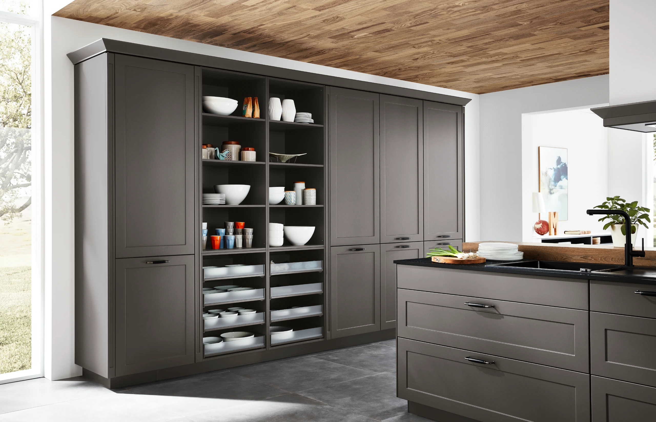 Attitude kitchen collection featuring bold contemporary design with slate grey lacquer finish